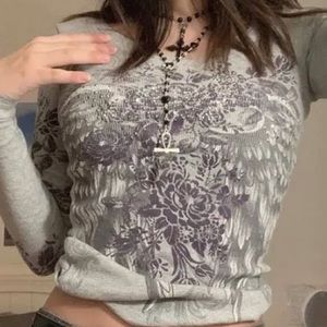 Floral Rhinestone Long Sleeve Crop Top